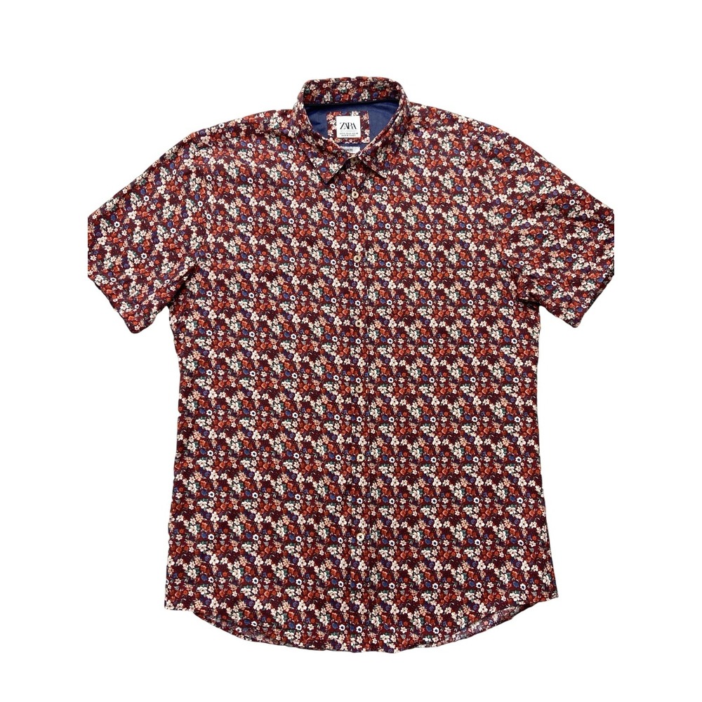 Zara Shirt Mens M Red Floral Short Sleeve Button Up Slim Fit Casual Summer